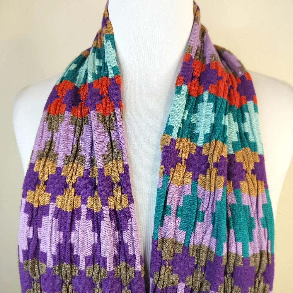 Echo‎ Knit Scarf 66 x 8 Colorful Geometric Boho Eclectic Purple Multi Maximalist